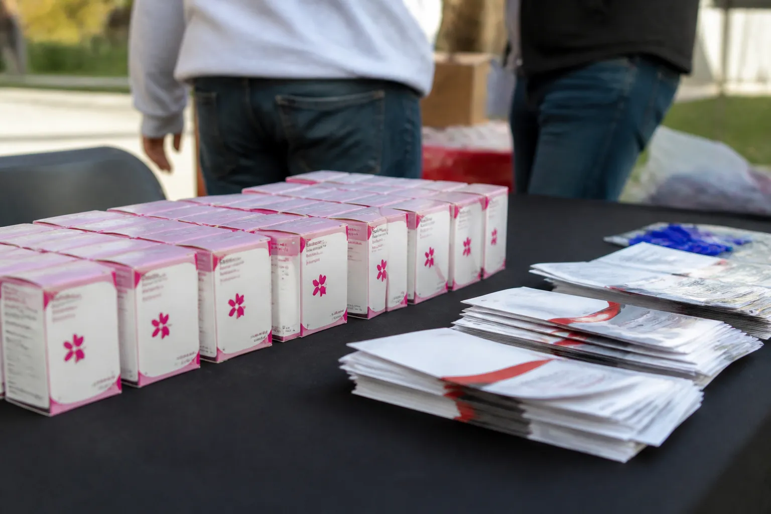 Narcan boxes and CARE Dallas overdose handouts are laid out for pickup at a North Texas outreach event for anyone who wants to donate to health charities in Dallas TX.