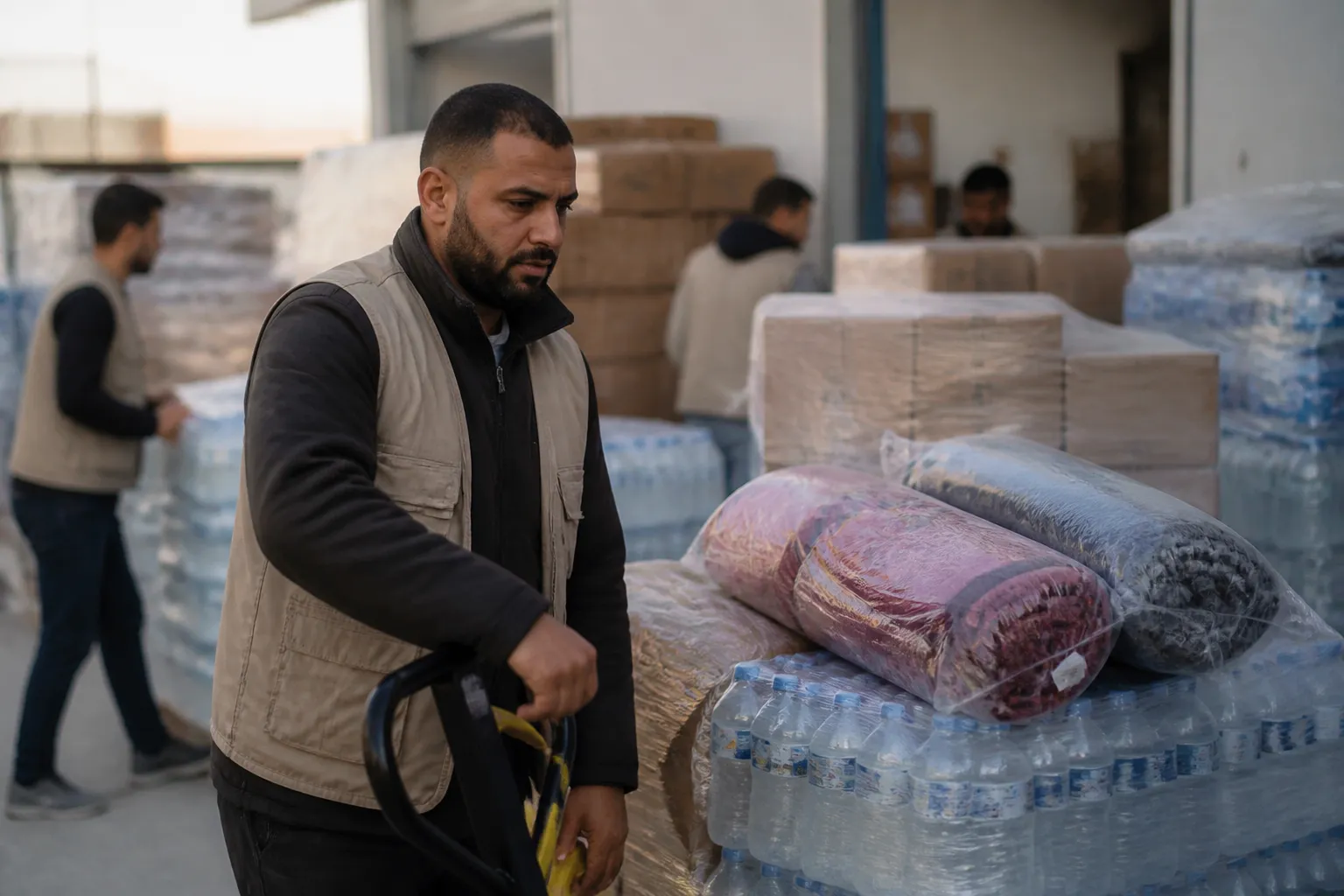 Labeled pallets of bottled water, food, blankets, and medical supplies are staged for Gaza and Lebanon.