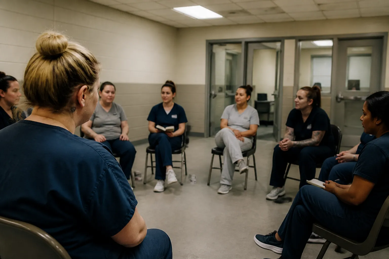 Chairs arranged in a circle for Hookers For Jesus weekly support and faith study at Clark County Detention Center.