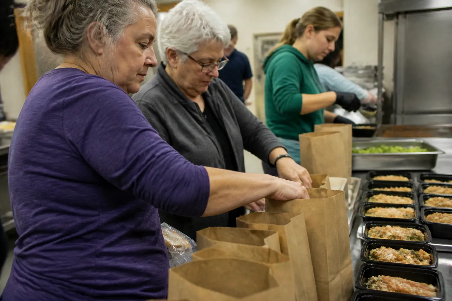 Staff and volunteers assemble weekend EmPower Packs next to after-school meal trays in the Missoula Food Bank kitchen.