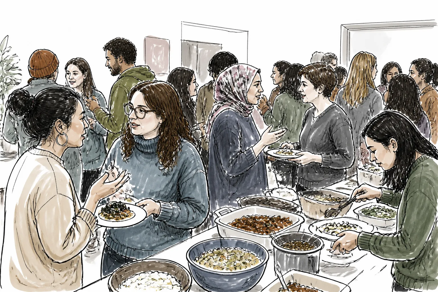 At the February Spring Potluck in Missoula, Community Friends and international students chat beside homemade dishes in a crowded room.