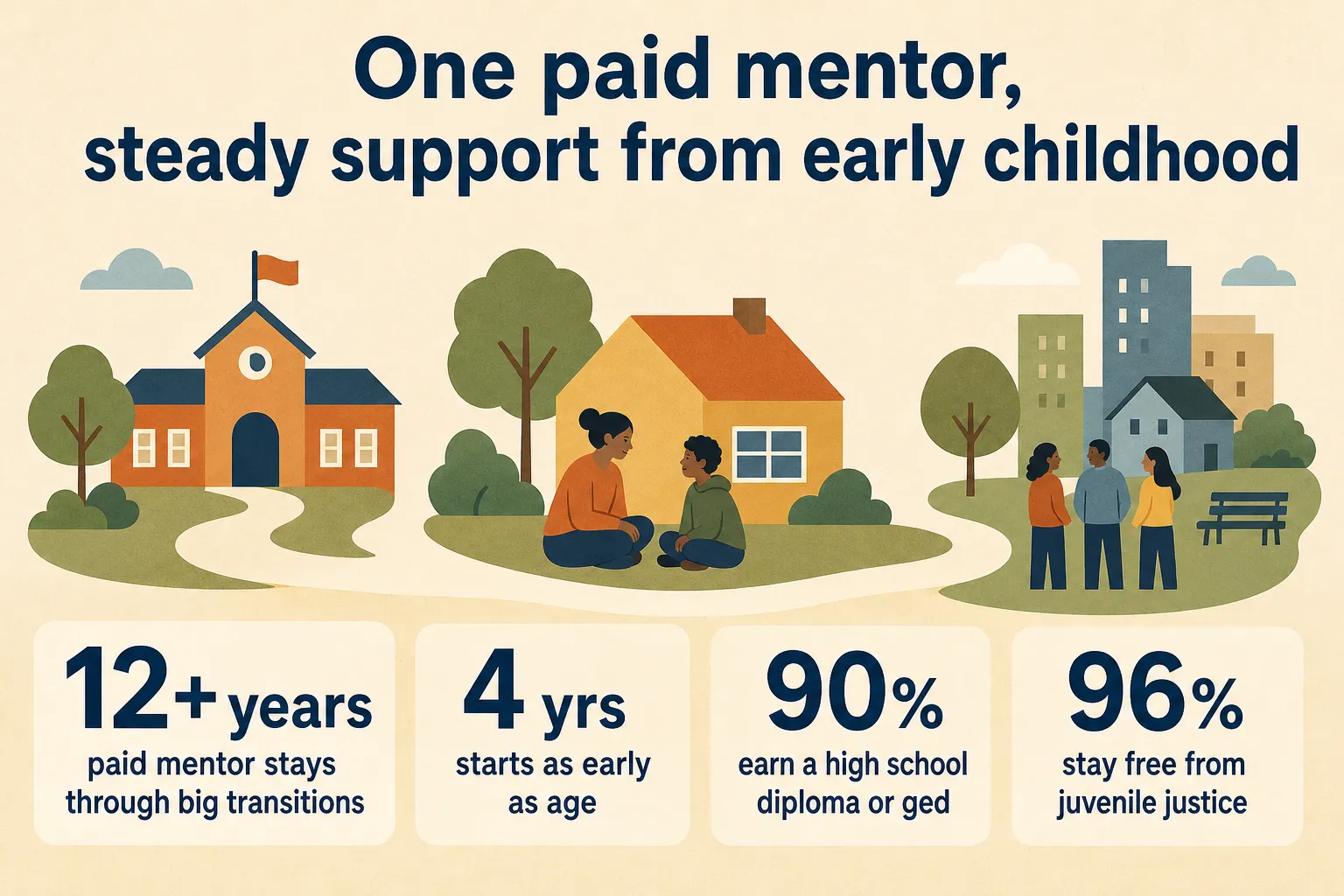 Infographic with Friends of the Children - Houston mentoring figures: 12+ years, starting at 4 yrs, with 90% earning a diploma or GED and 96% avoiding juvenile justice.