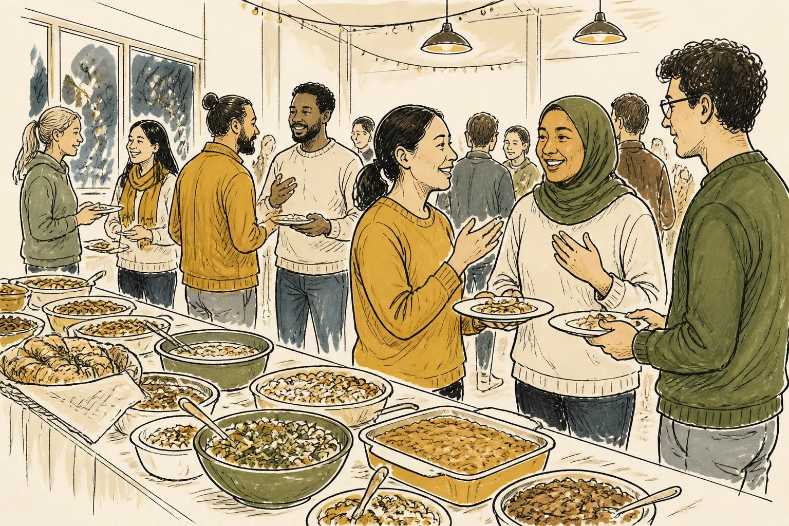 Community Friends and University of Montana international students introduce themselves at the Fall Potluck with dishes on long tables.