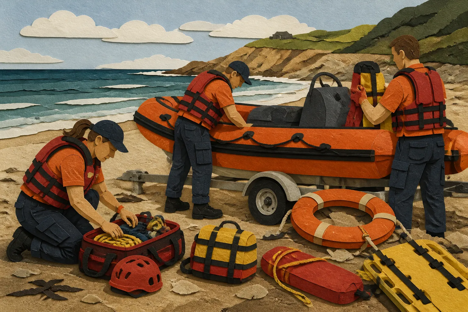 Marine rescue volunteers in Dover, DE prepare a boat and equipment to support first responders.