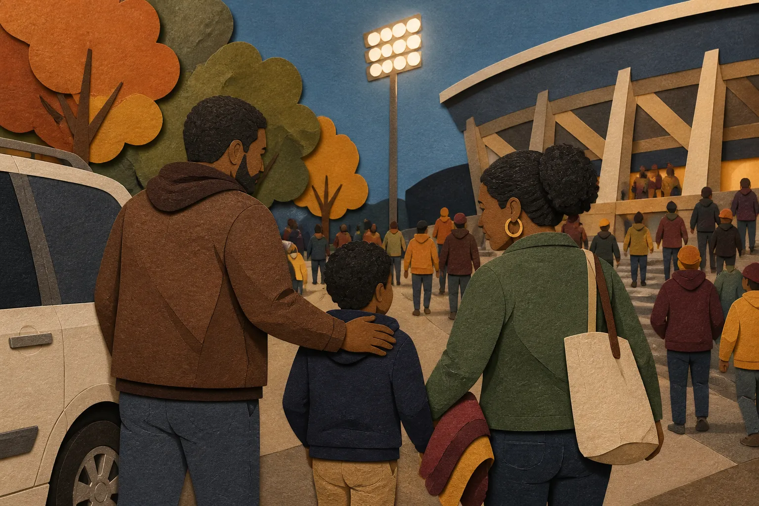 Child and parents arrive at a homecoming game stadium after Dream Rydes transportation support.