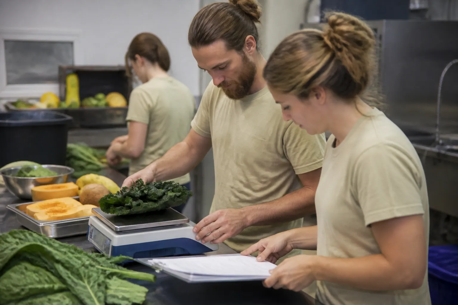 Zoo nutrition trainees weigh produce and review diet notes at a table before feeding rounds.