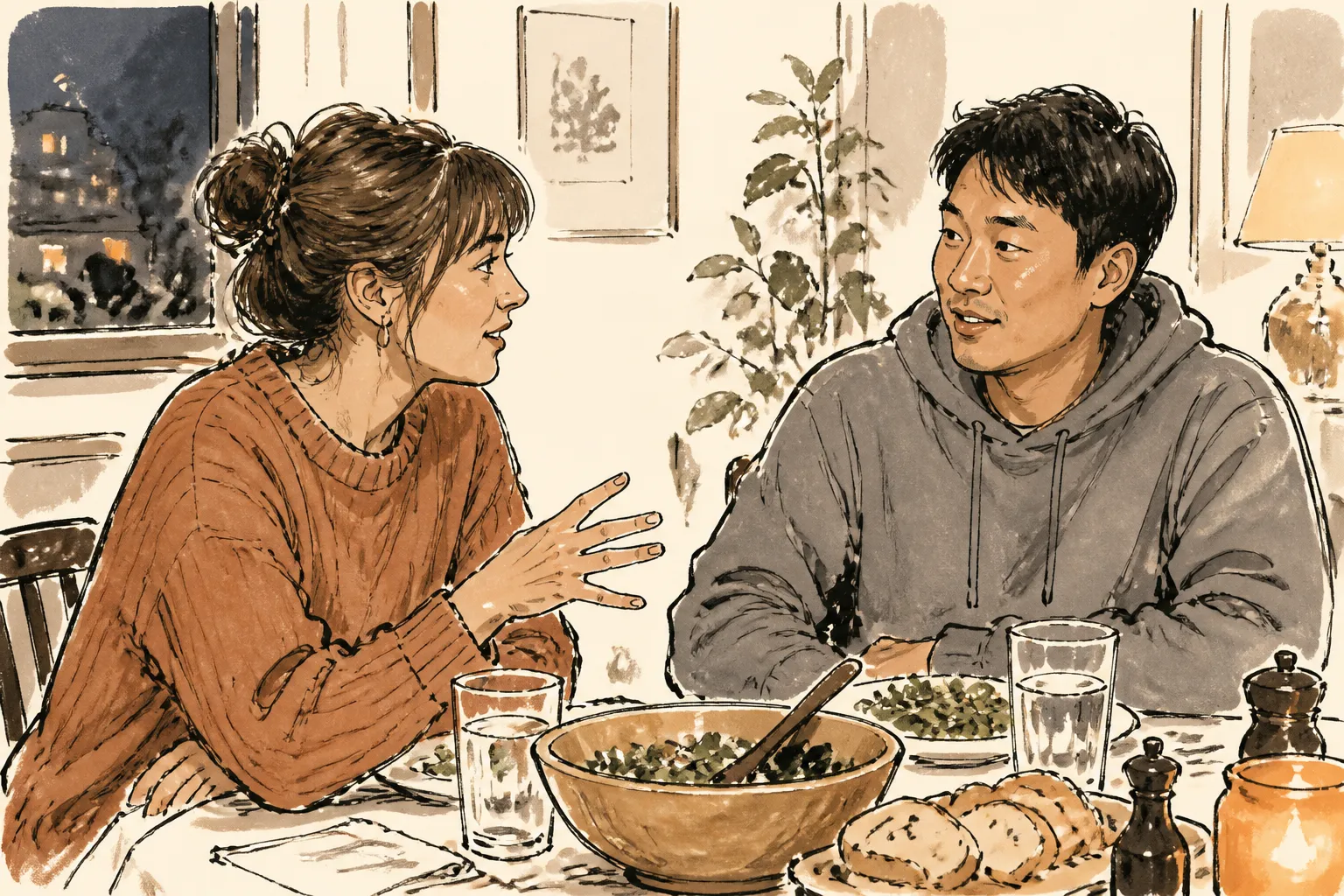 A Missoula resident and a University of Montana international student meet across a dinner table for a Community Friends welcome dinner.
