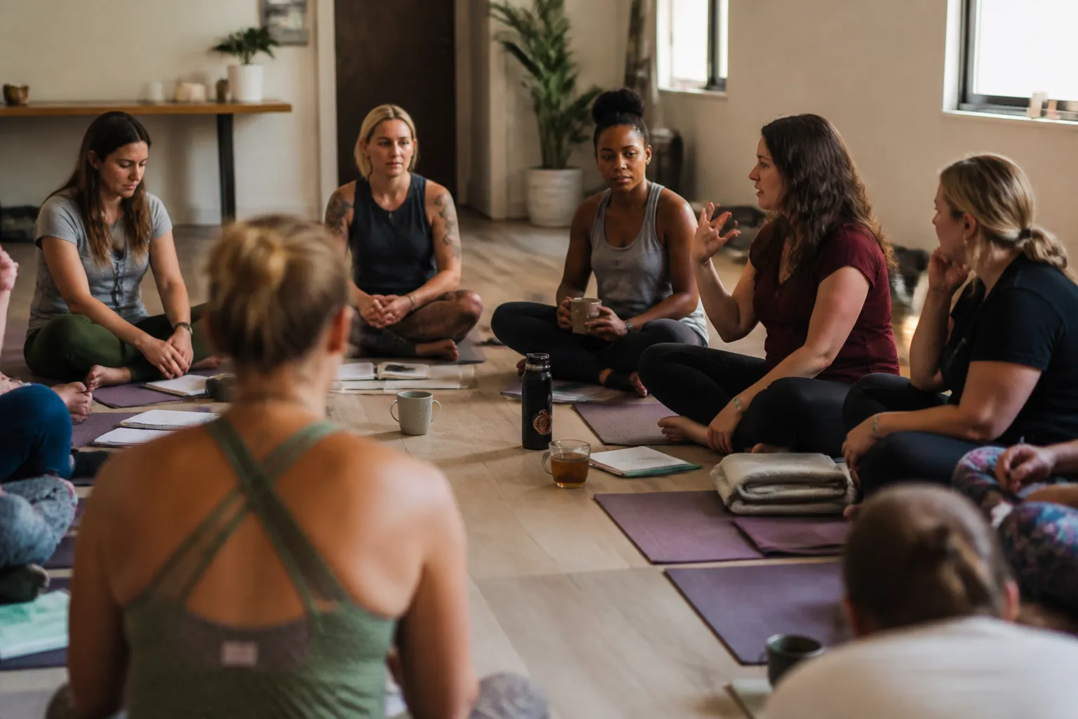 Twelve military and veteran women sit in a circle with journals, tea, and yoga mats at an Austin retreat.
