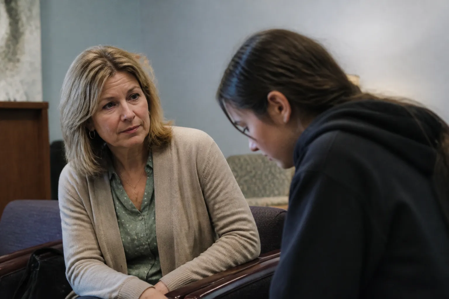 A CASA Volunteer Advocate sits with a teen in the Edward & Sally Malashock Visitation Room in Omaha.