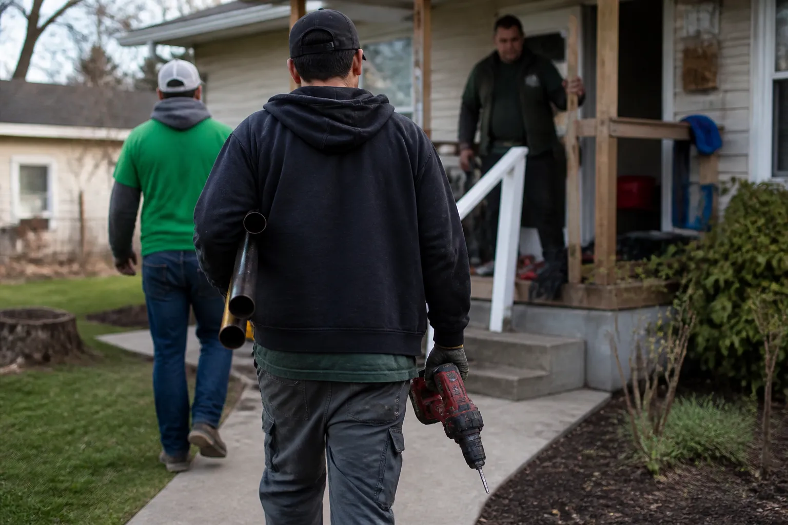 Volunteers install exterior handrails and carry tools toward a low-income homeowner’s porch during a repair day.