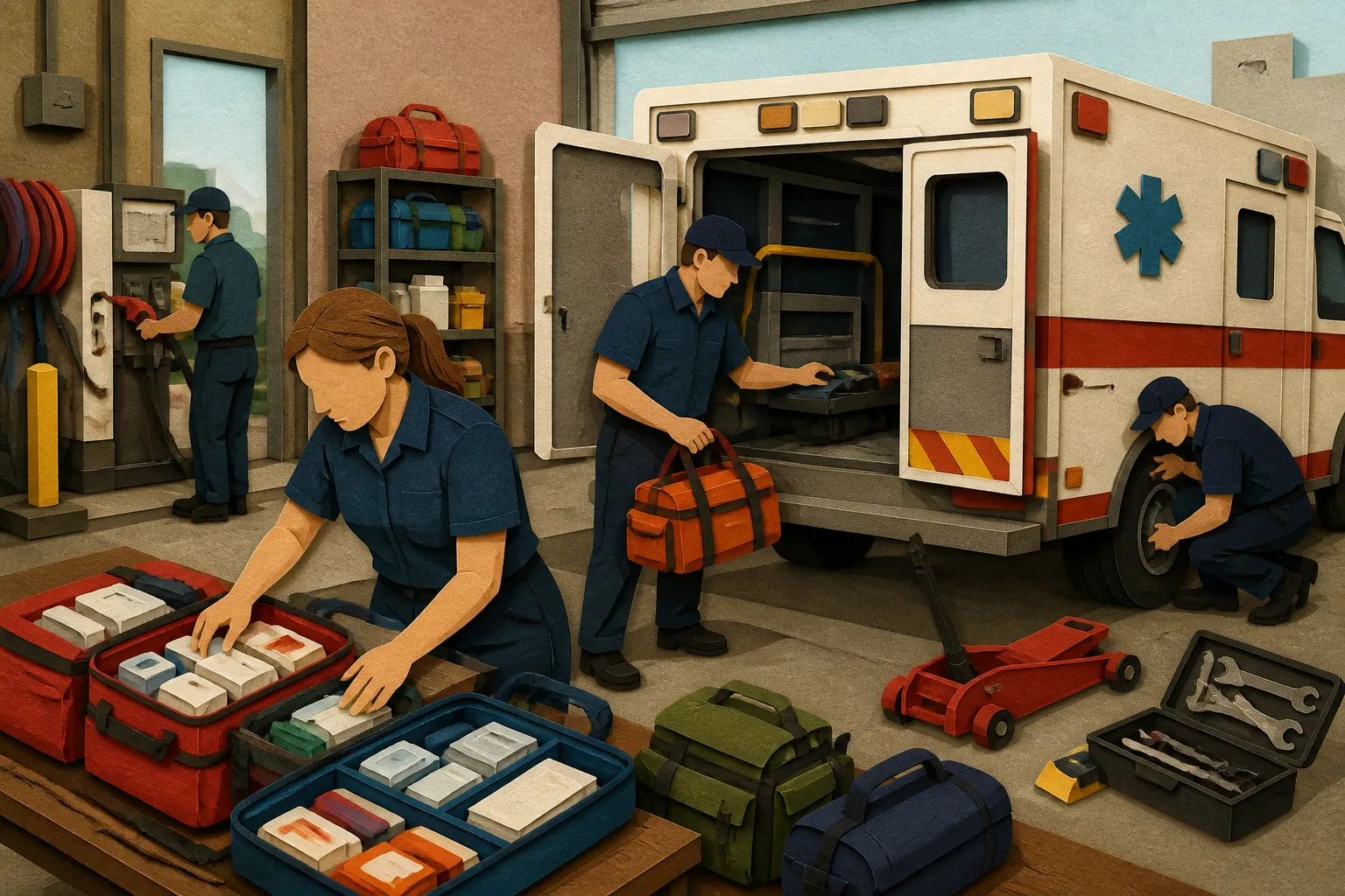 EMS supplies, fuel equipment, and maintenance tools are organized in a Bethany Beach garage.