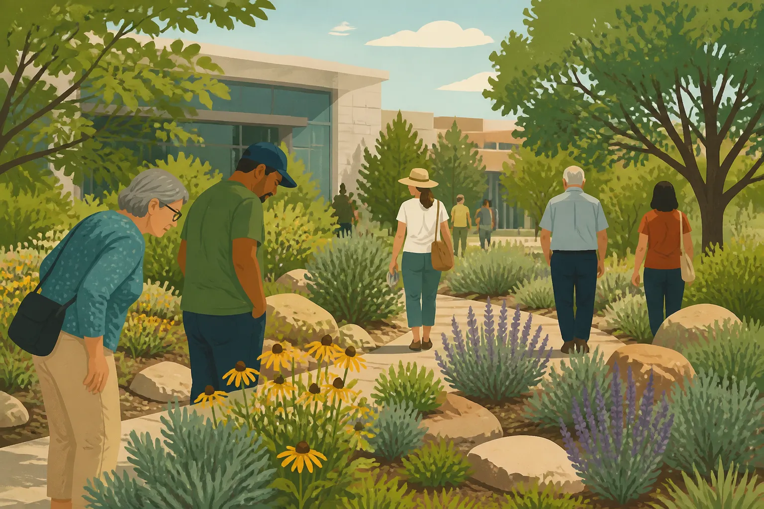 Visitors walk among native plants in the Heritage Garden at Billings Public Library.