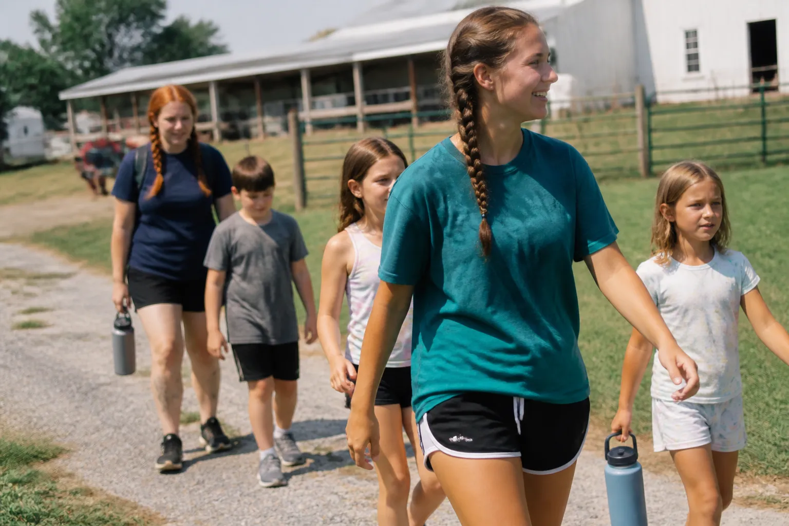 Camp Sonshine counselors lead campers across Schrader Family Farm near Roca during a day camp session.