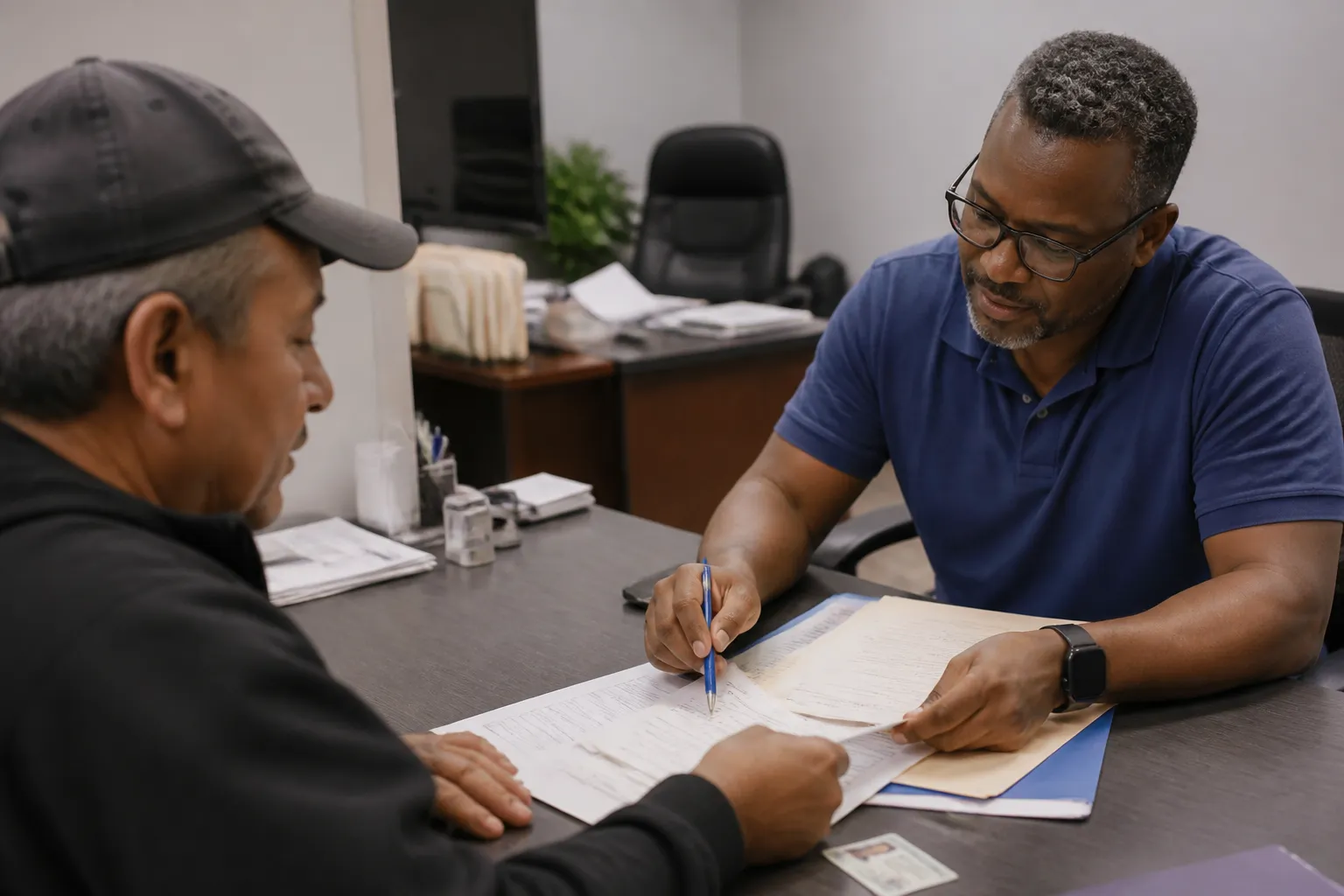 Main Street Ministries staff member helps client organize birth certificate and Texas ID forms at a desk.