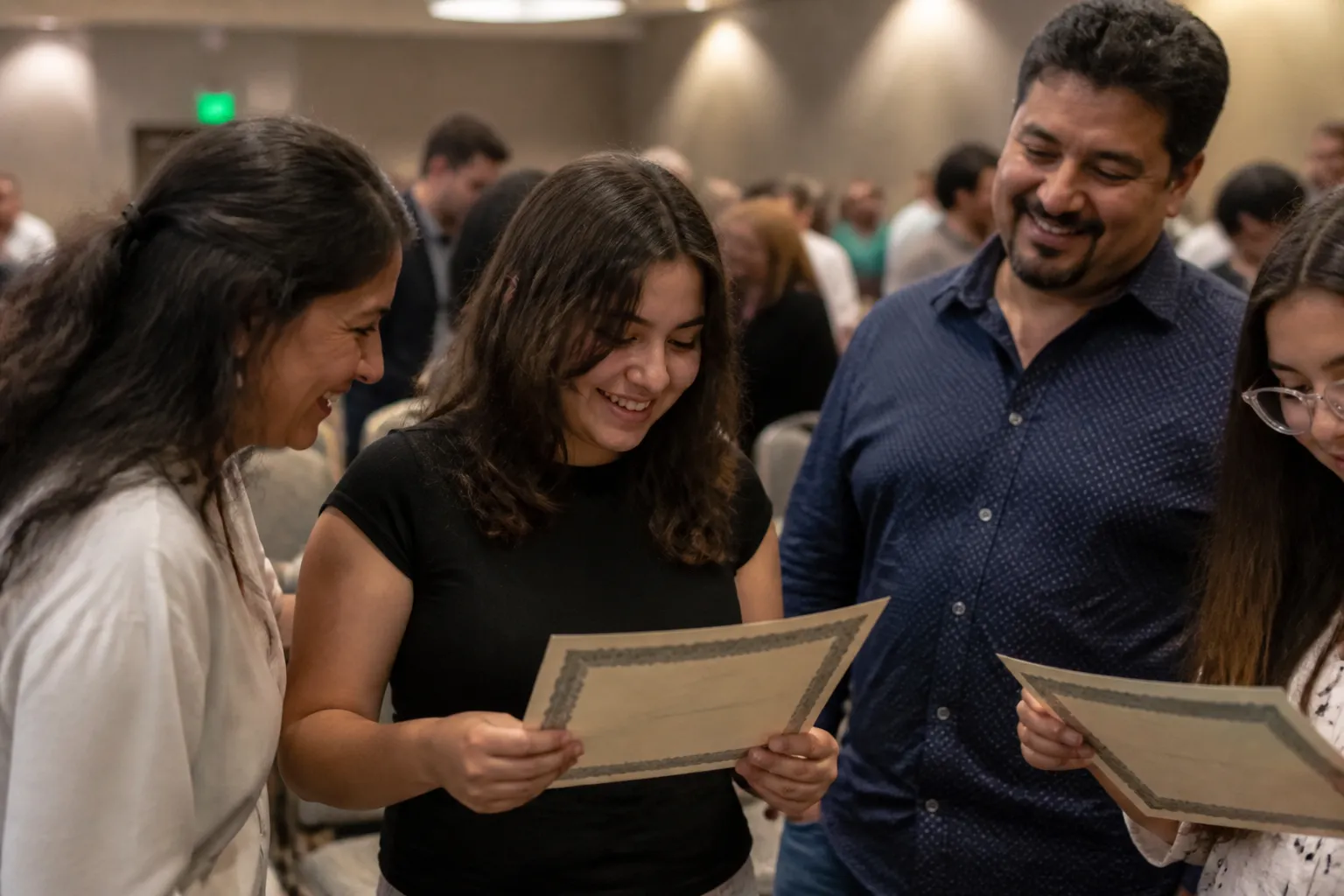 Teen winners and families at a ThinkWRITE showcase hold creative writing certificates during a Las Vegas youth arts reception.