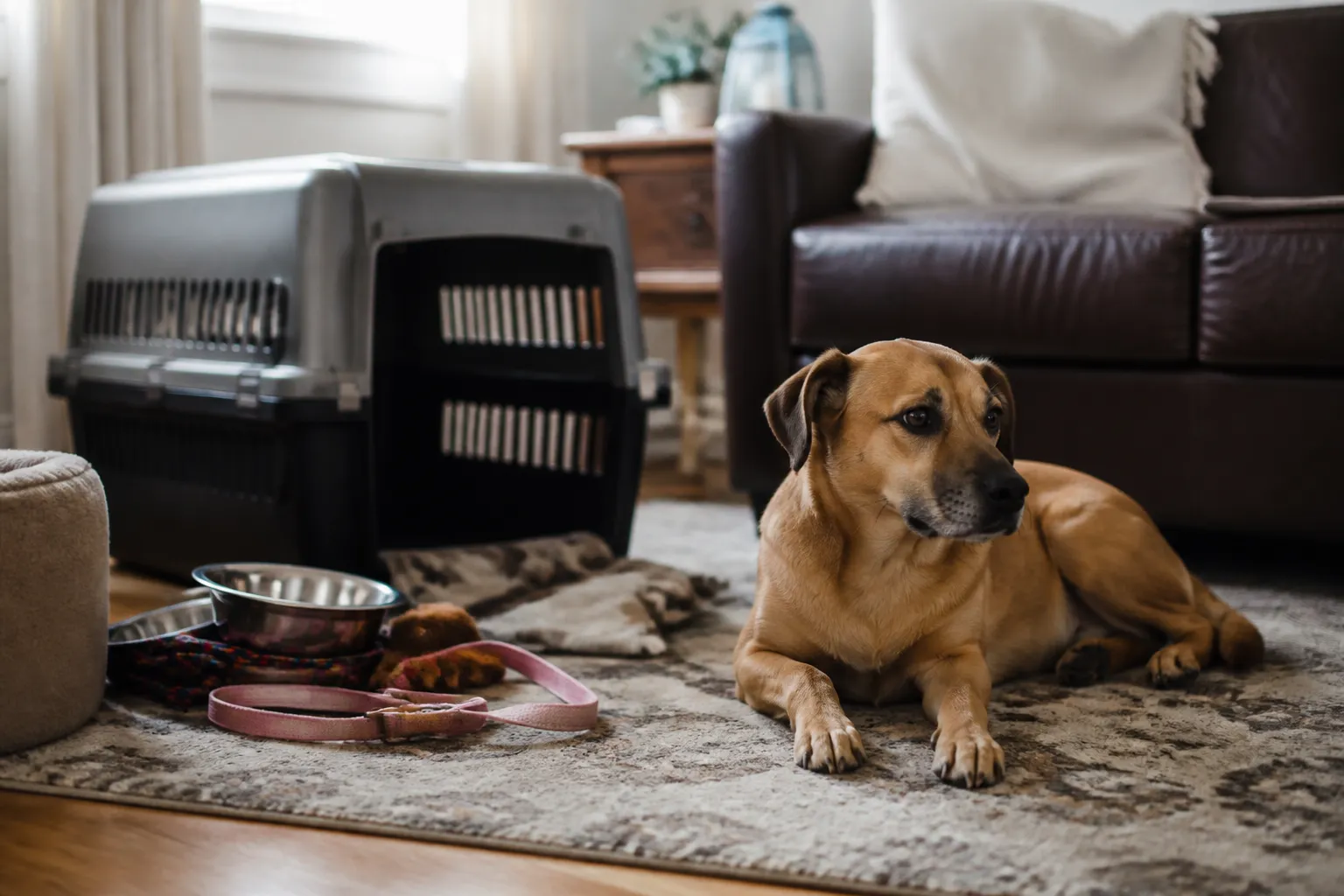 Foster dog rests on a living-room floor in Lincoln beside donated bowls, leash, and crate.