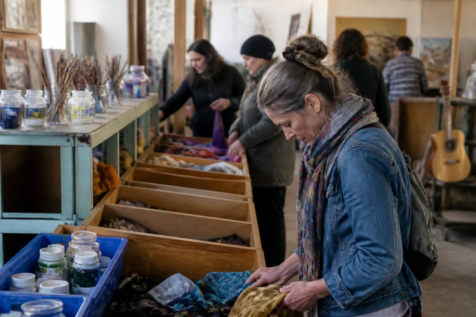 Visitors browse donated paints, fabric, brushes, and instruments in Giving Art to Missoula’s Free Art Materials Room.