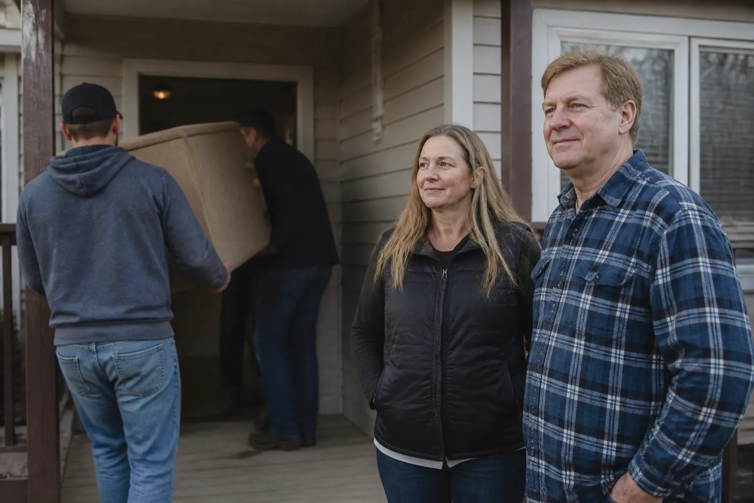 Larry Gill and Marishka Pilch on a Hayden porch while volunteers carry donated furniture through the door.