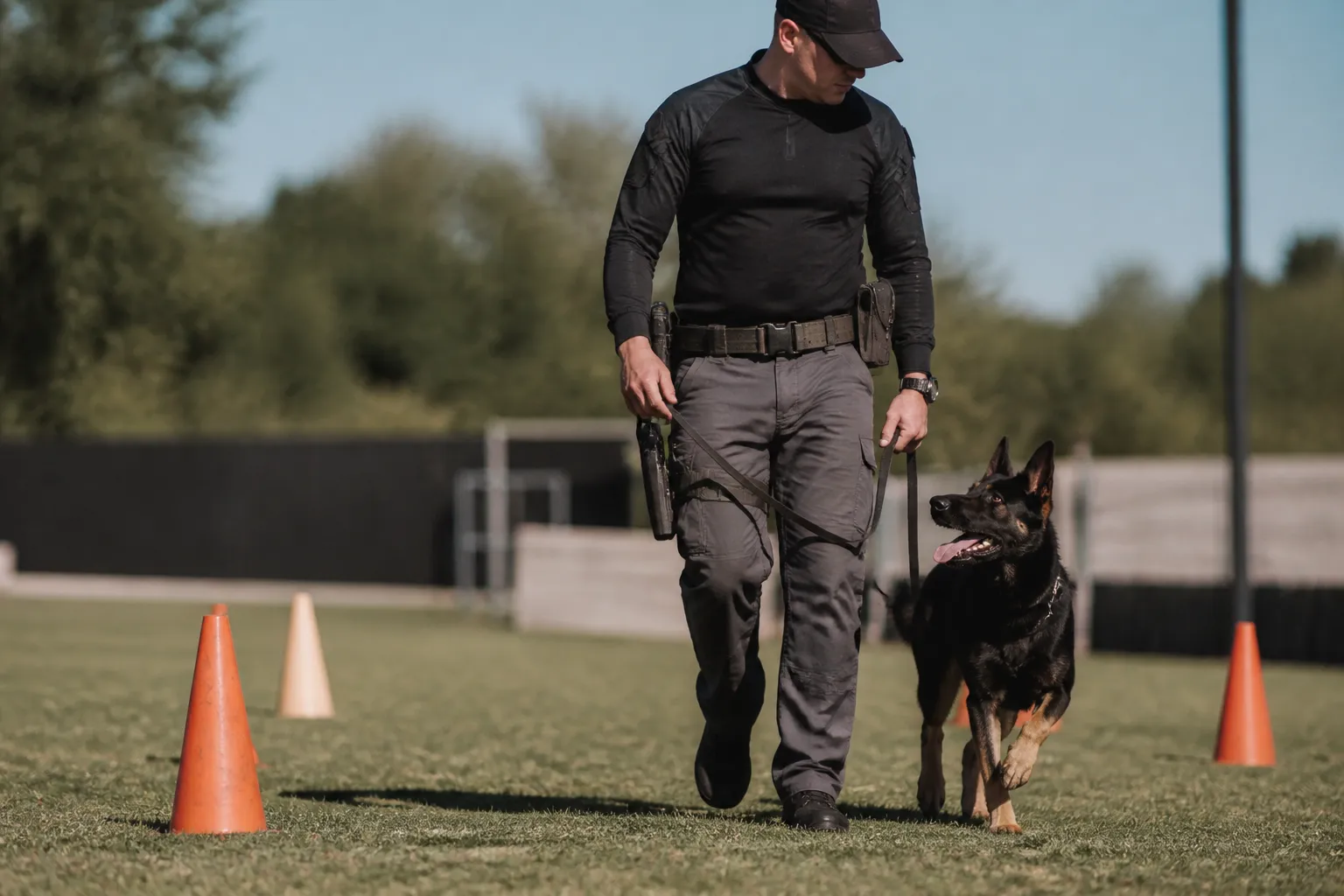 police k9 nonprofit organizations in Dallas Fort Worth training beside a handler at a Fort Worth outdoor facility.