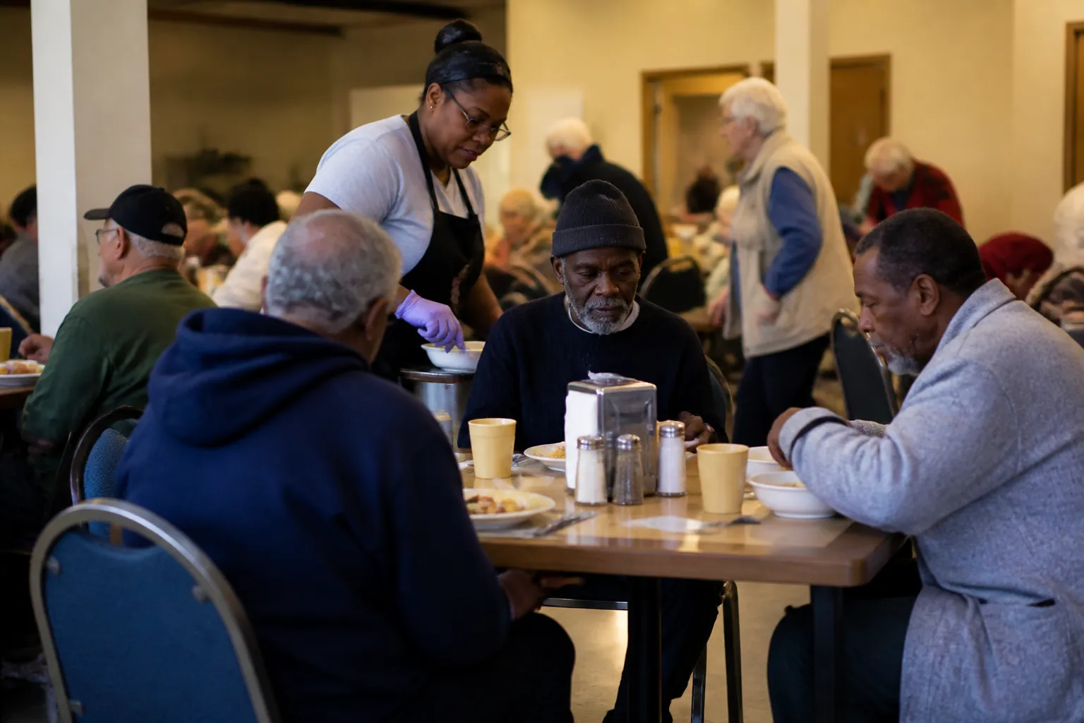 Houston shelter donations help older residents eat breakfast at Turning Point Center before counseling and benefits appointments.