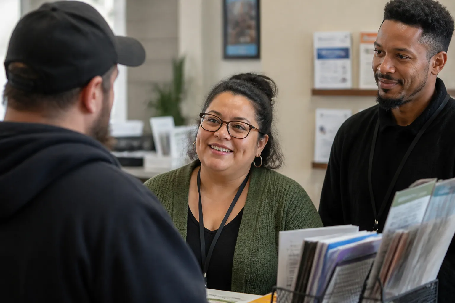 Community Alliance staff greet a walk-in client in Omaha with crisis and housing support info nearby.