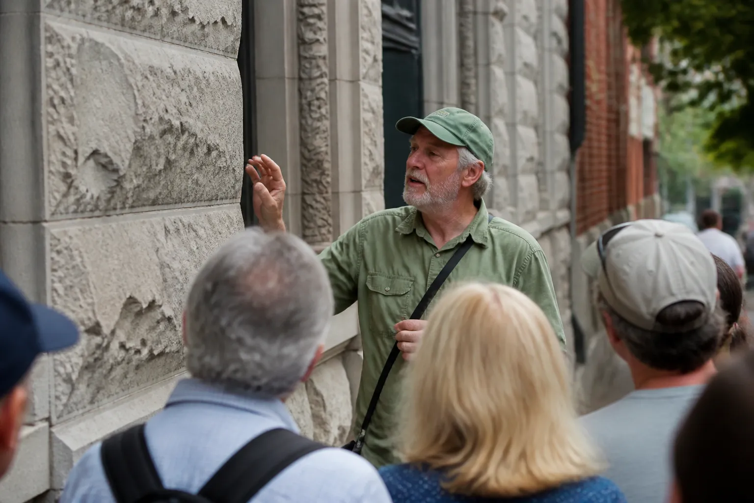 Paul McLeod guides walkers on the Reading the Stone tour in downtown Missoula beside historic stone facades.
