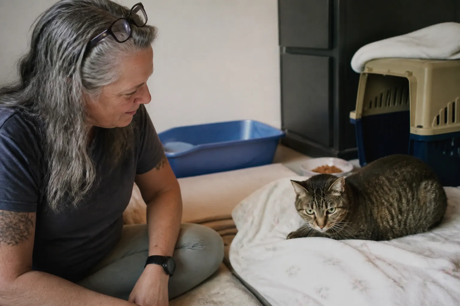 Foster caregiver with a shy adult cat in a Las Vegas home beside litter, bedding, carrier, and kitten food.