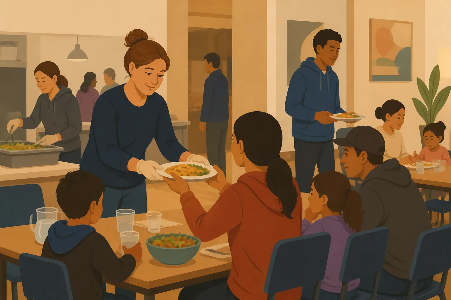 Volunteers serve dinner to parents and children at the Missoula Family Housing Center.