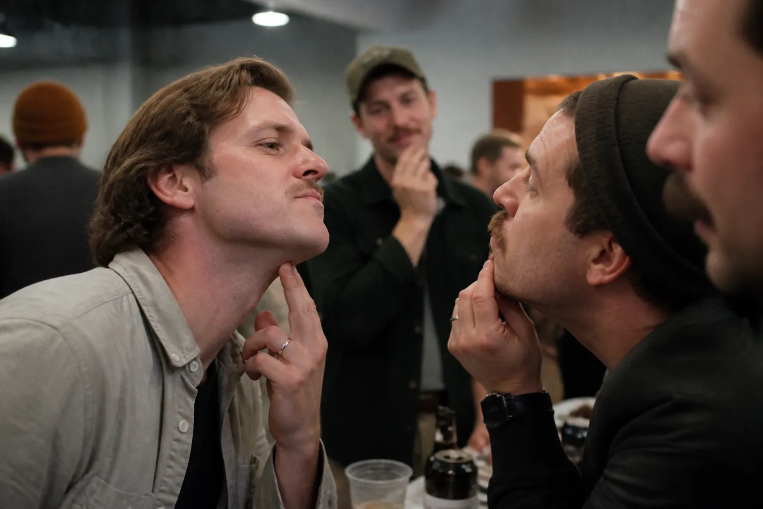 Omaha Growers compare early mustache growth at a campaign checkpoint party for people who donate to Mustaches For Kids Omaha during the pledge month.
