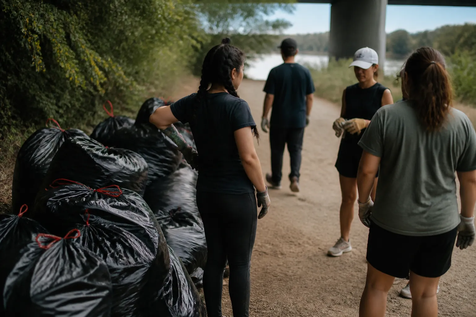 Greenspace Dallas volunteers stack filled contractor-grade garbage bags beside a Trinity River trail.