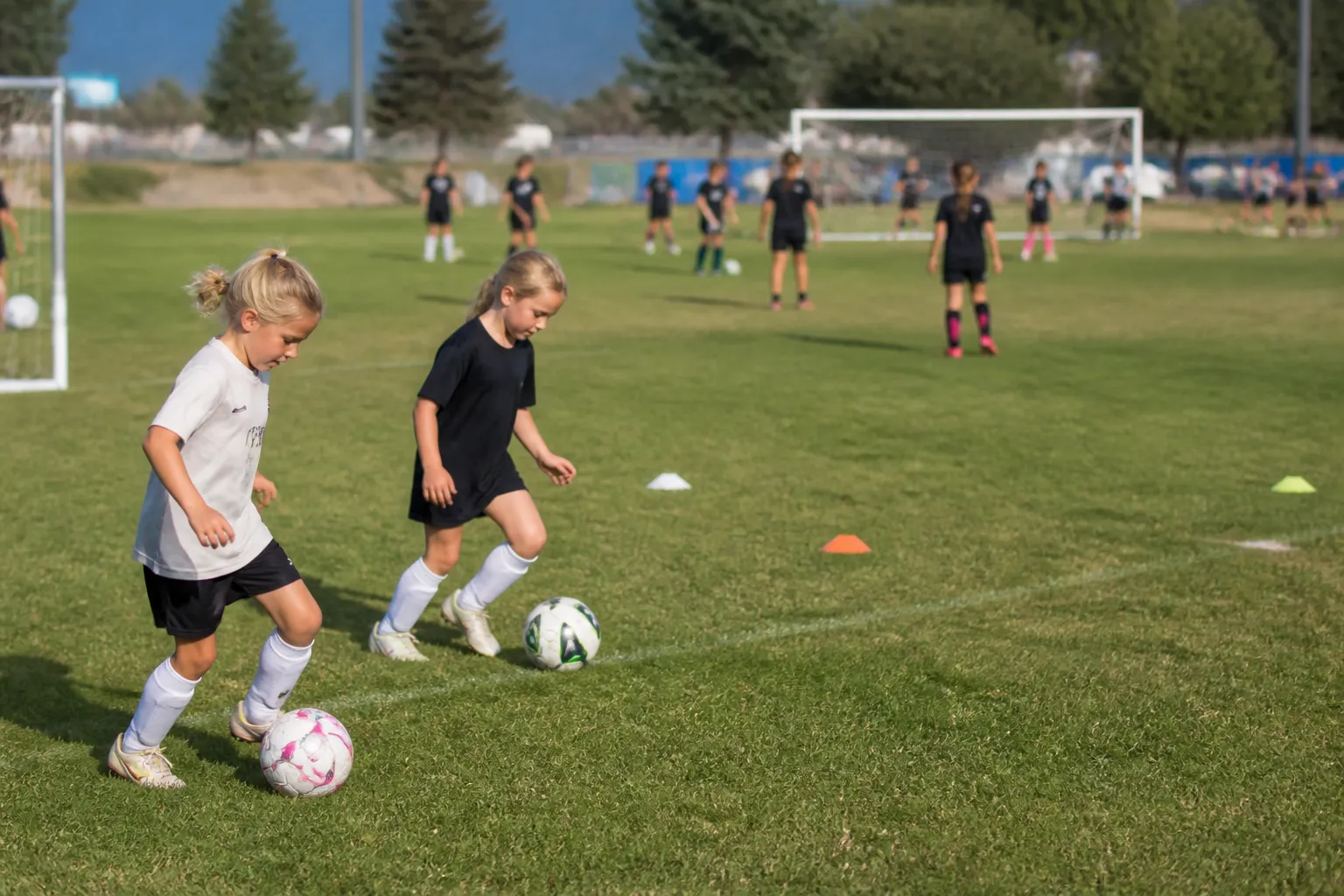 Mini Micro Strikers players dribble while older teams train on nearby fields at a Missoula soccer complex.