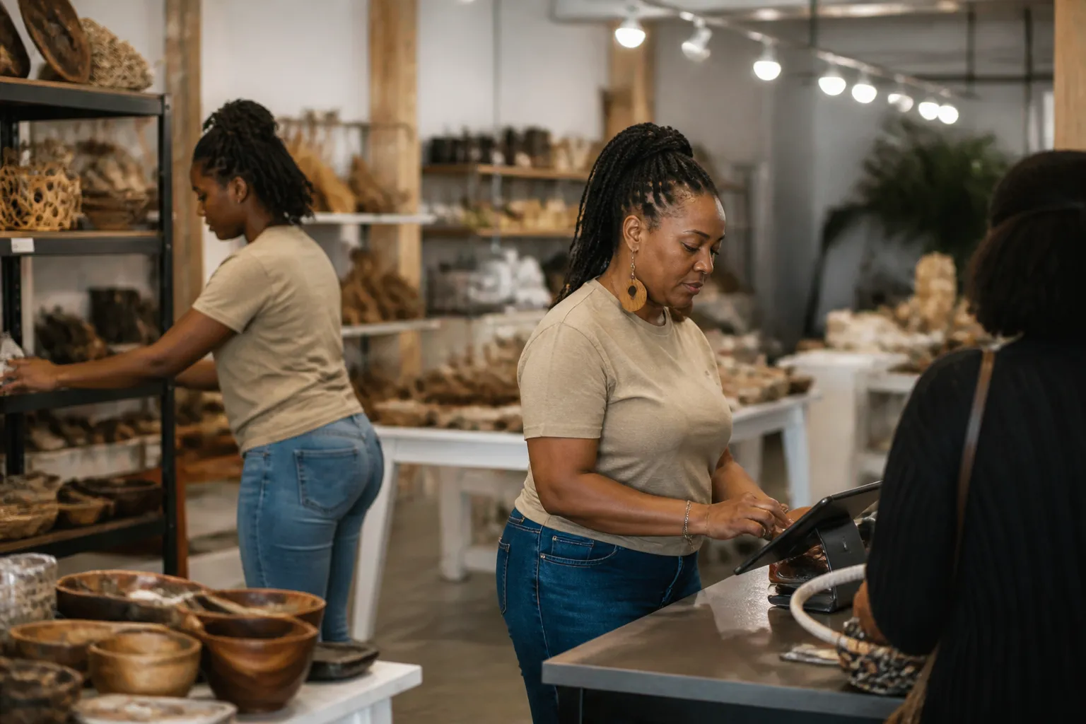 Roots To Wings Farmers at the Arlington store ring up purchases and stock shelves for shoppers.