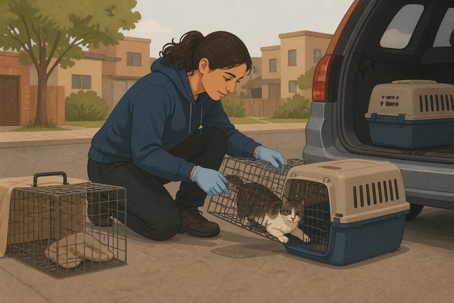 Where to donate cat food and supplies in Lewes, DE: a volunteer transfers a trapped community cat into a carrier for veterinary care in Milton.