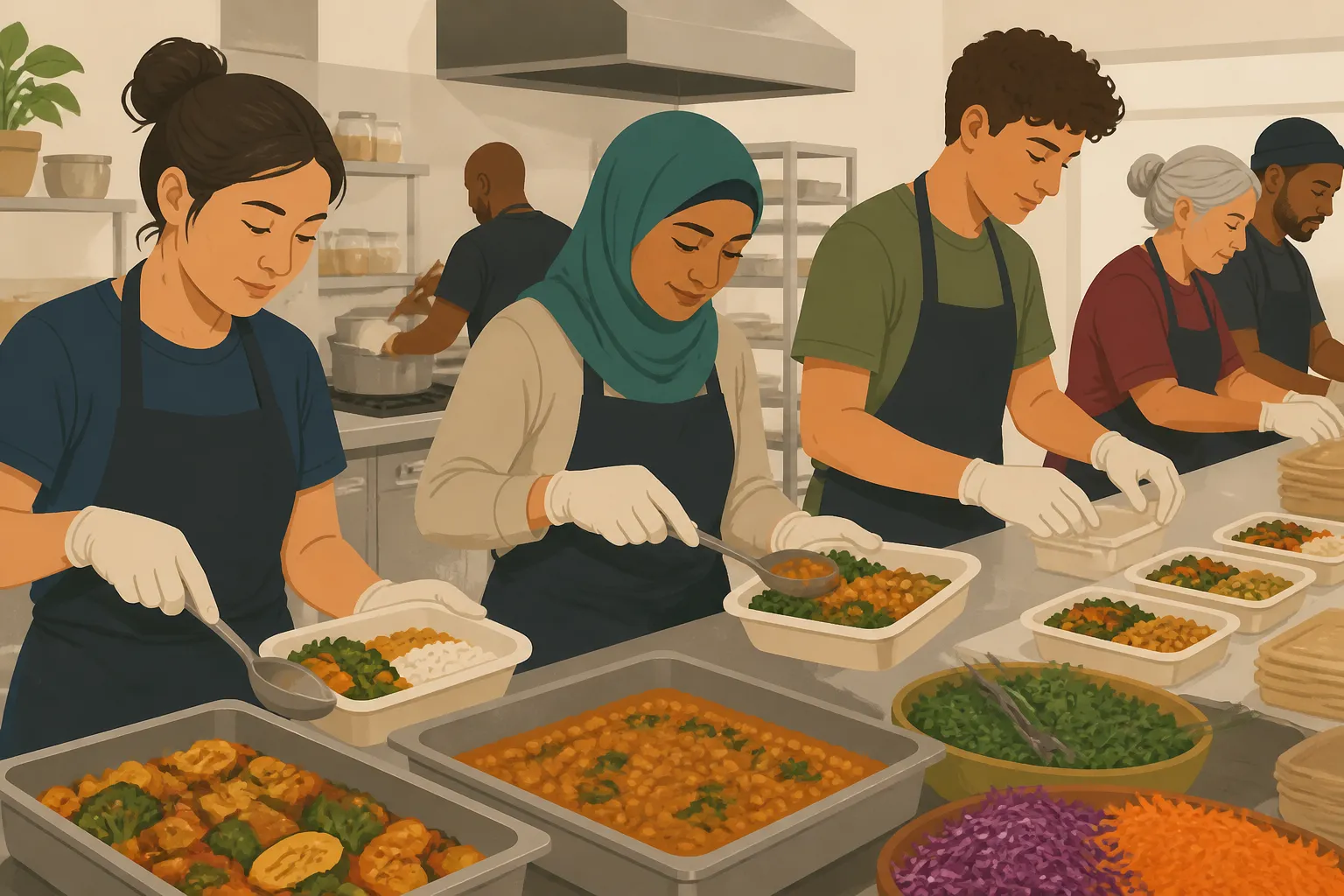 Volunteers portion plant-based meals in a community kitchen for Food Yoga’s feeding program.