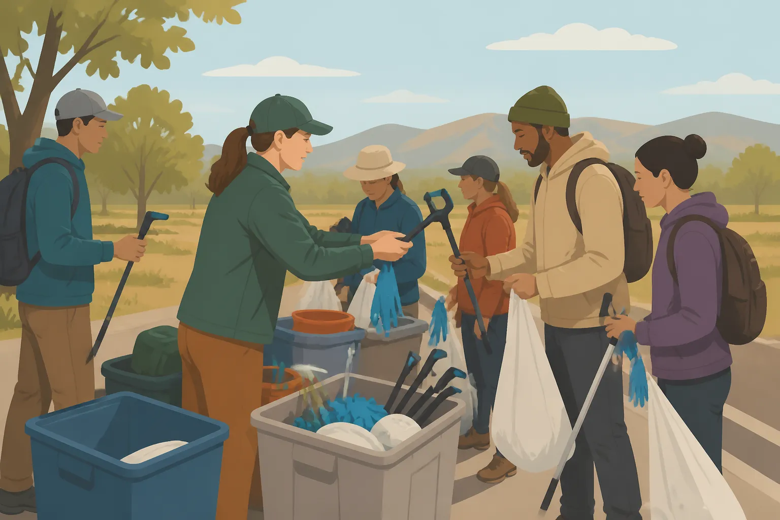A KTMB coordinator provides tools and supplies for river cleanup in Reno, NV.