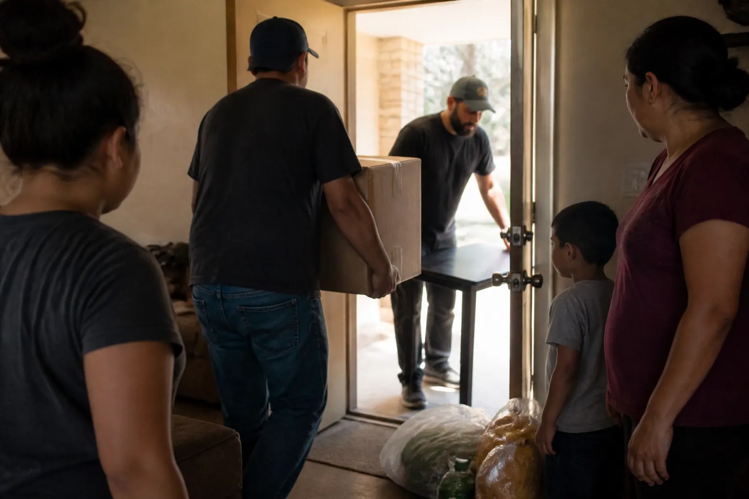 Volunteers bring boxed household items and a small table into a refugee home with groceries visible by the entry.