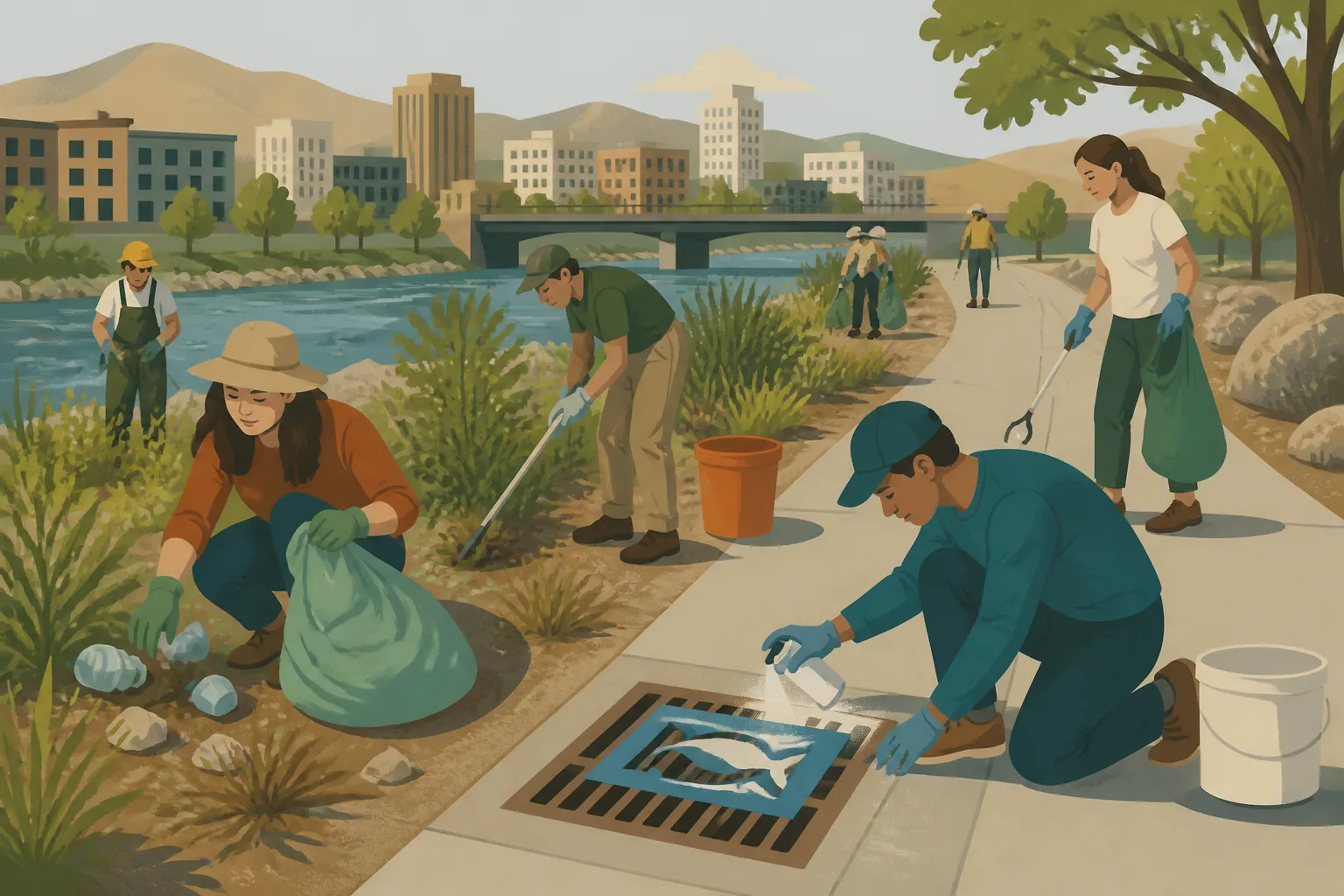 Volunteers collect litter, pull weeds, and stencil a storm drain beside Reno’s Truckee River Corridor.