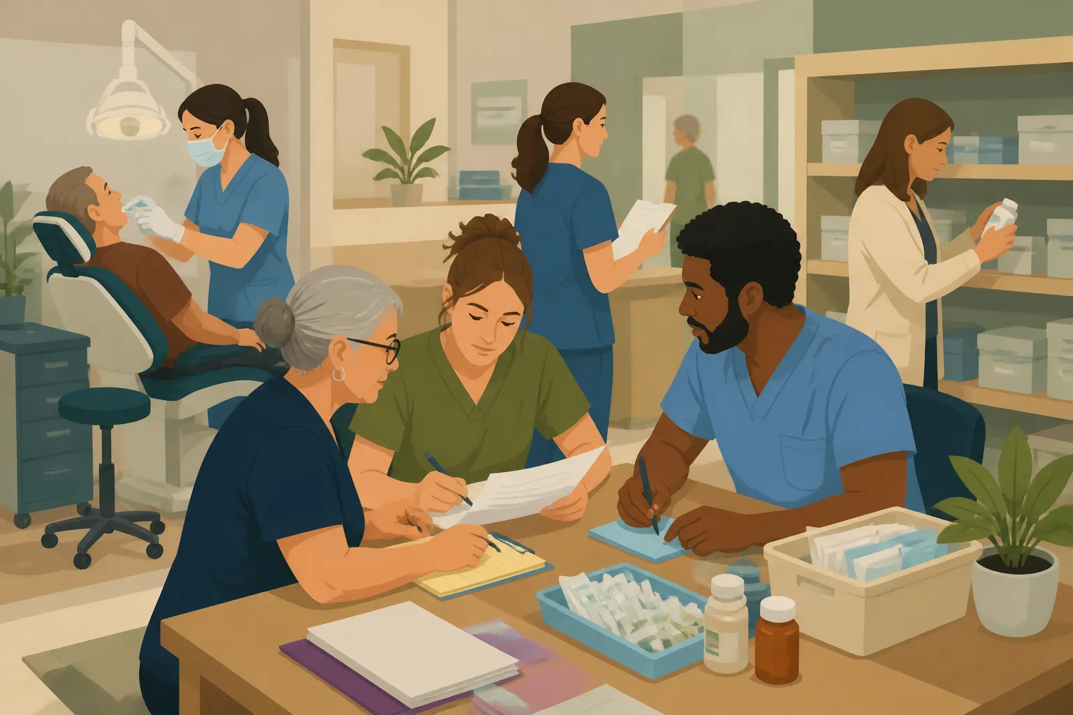 Genesis volunteers and staff coordinate medical, dental, and prescription assistance at a Treasure Valley clinic.