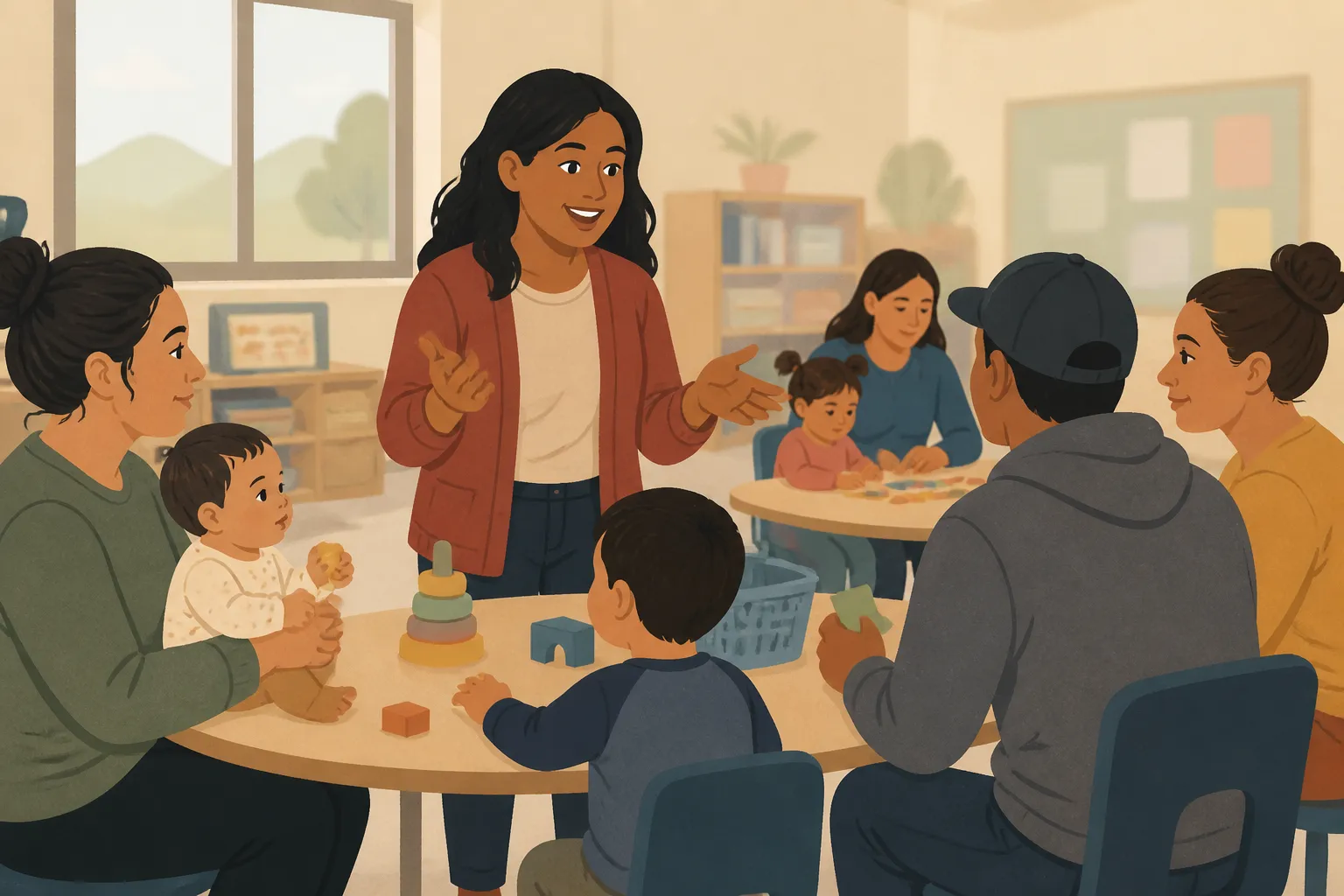 A bilingual educator leads parents and young children in a Carson City school-readiness activity.