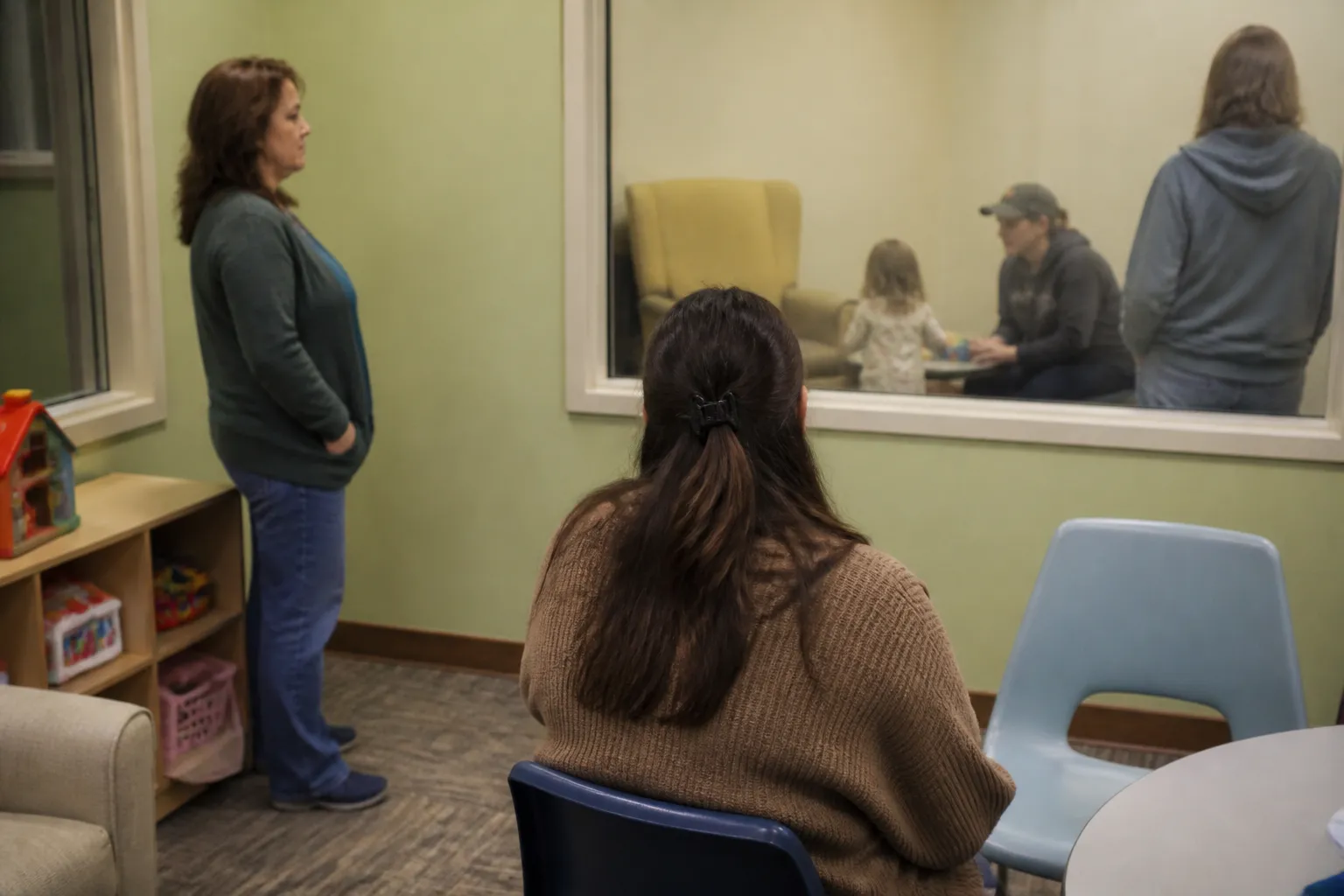 Planet Kids visitation room in Missoula has toys, chairs, and a monitored exchange area for families.