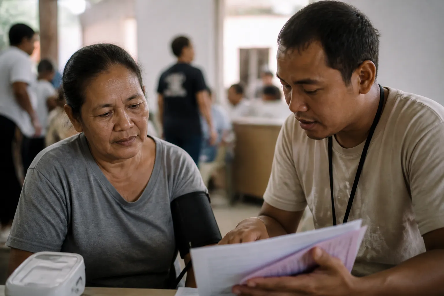NOAH staff member reviews screening results with a patient beside a blood pressure cuff in Omaha.