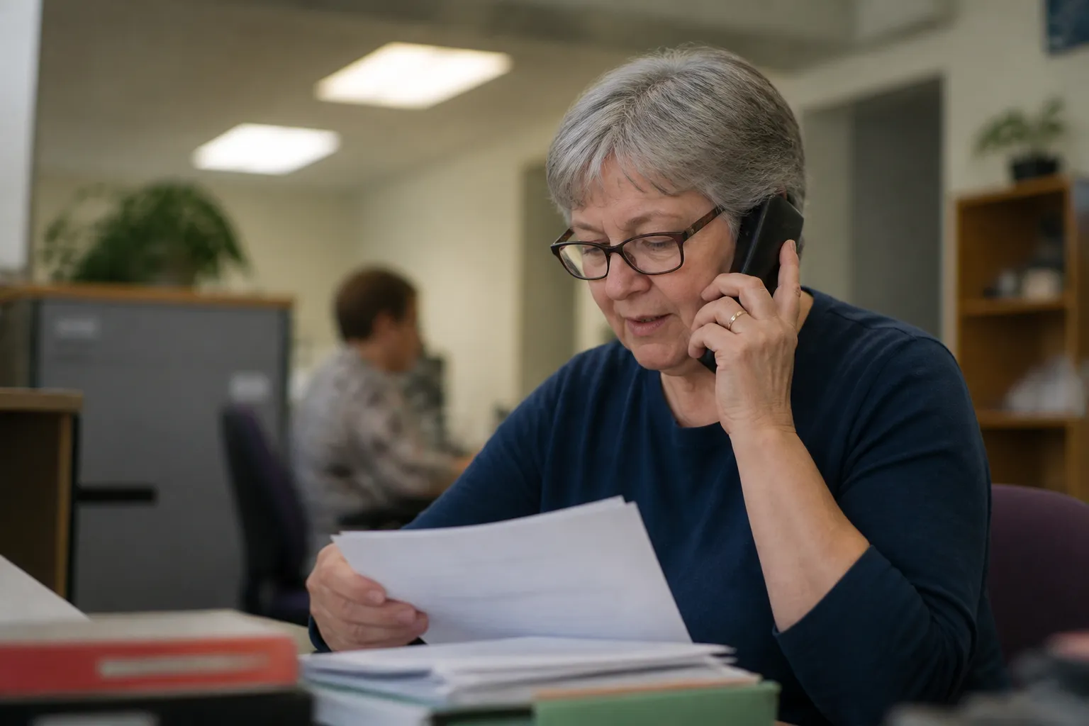 In a Drive a Senior Austin office, a volunteer takes a friendly call while reviewing grocery van and ride requests.