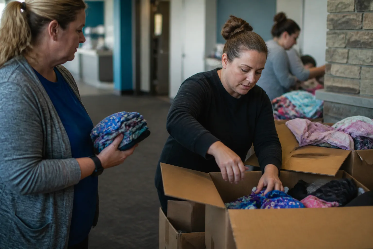 Lincoln YMCA staff collect donated swimsuits in sizes XS to XL for grant swim lessons.
