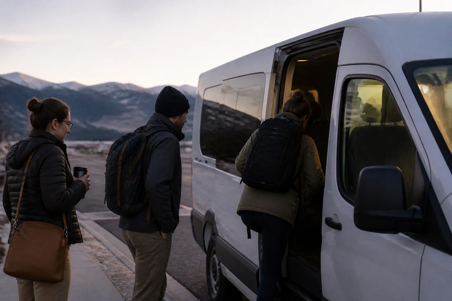 Commuters board an iRide vanpool vehicle in western Montana at dawn for a trip to Missoula.