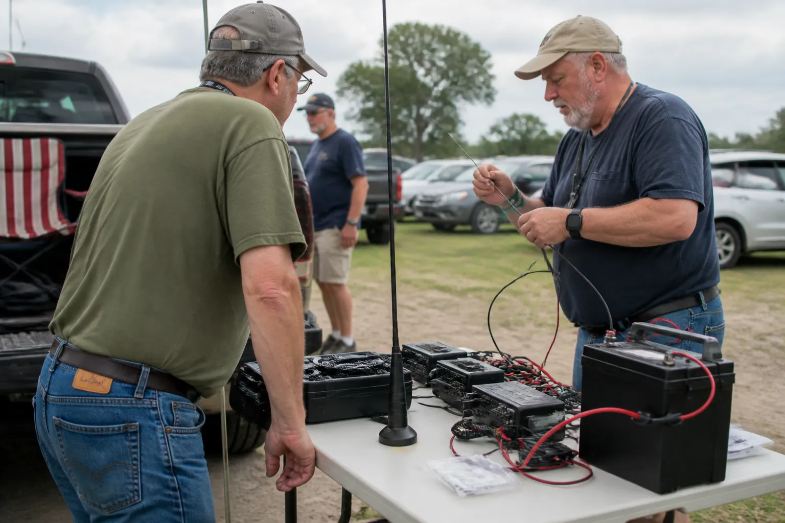 Amateur radio volunteers check antennas and portable radios before providing communications support at a community event.