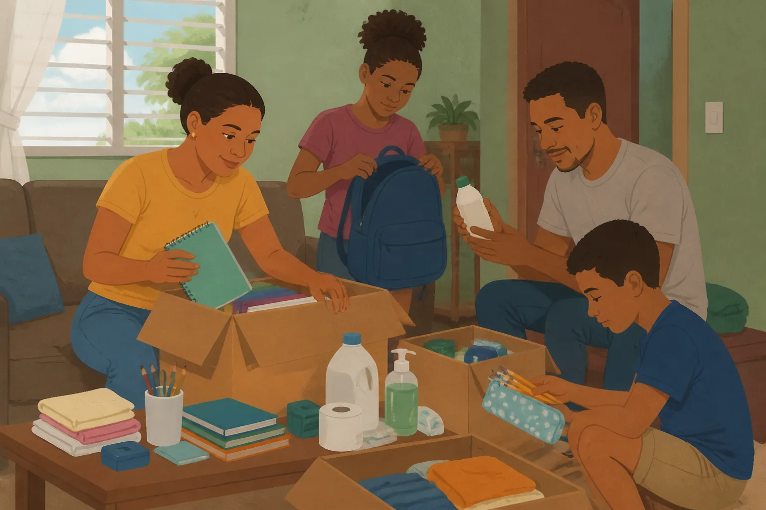 A Dominican Republic family organizes household and school supplies from a verified cause.