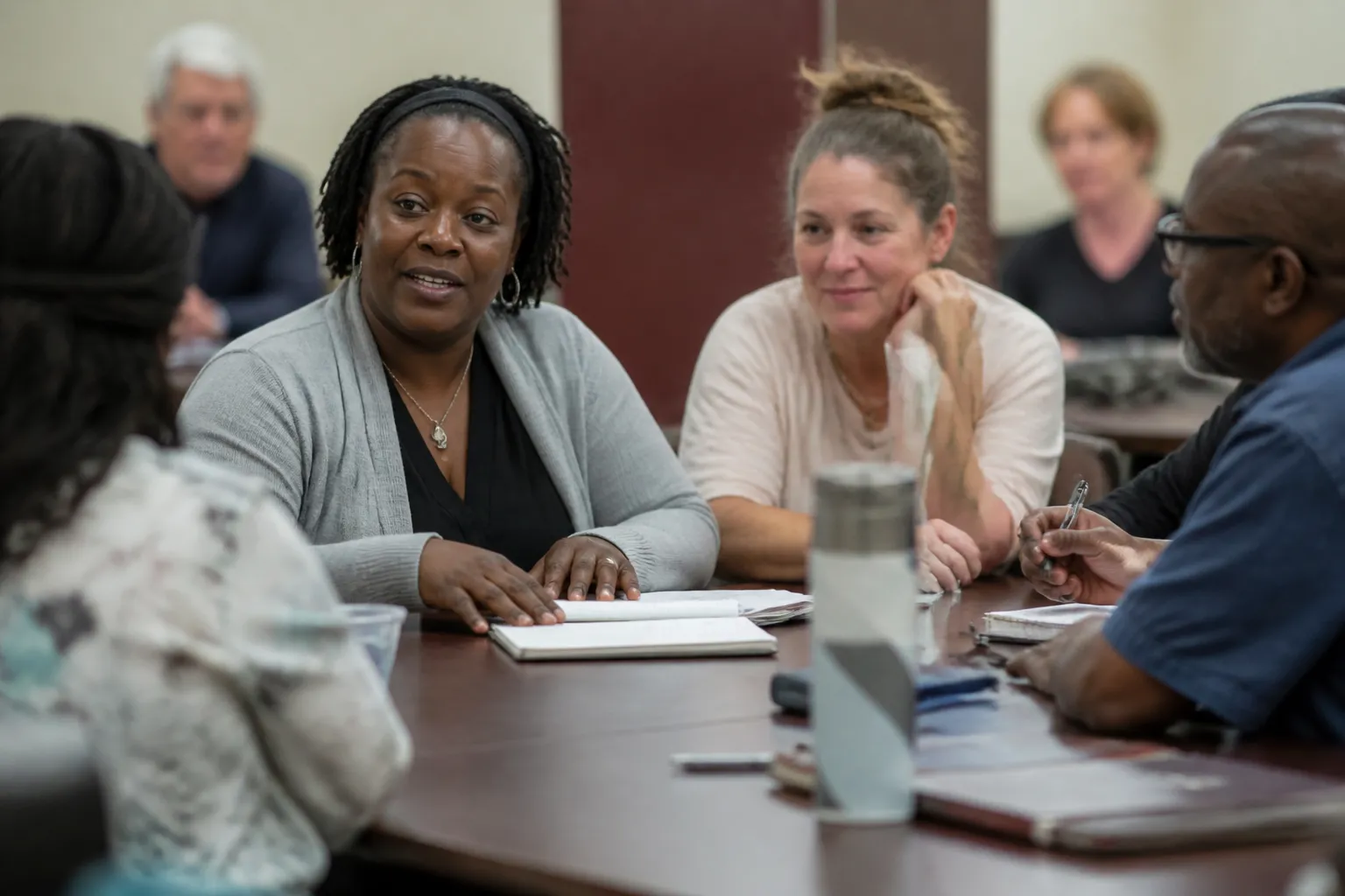 First-time visitor sits with Hope Fort Bend members and staff for a plug-in team meeting.