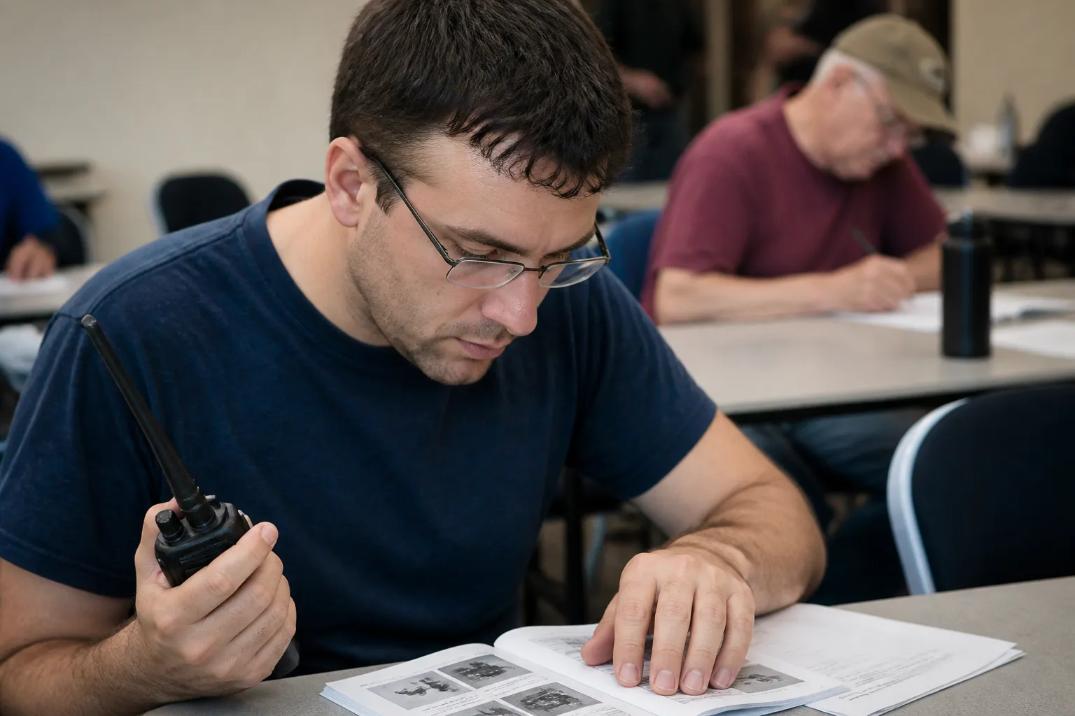 Beginner reviews printed Technician license materials with a handheld radio at a McKinney Amateur Radio Club training session.