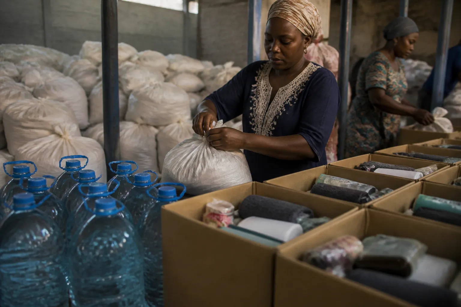 Food parcels, hygiene kits, and water containers are arranged for displaced families at an IDP site.