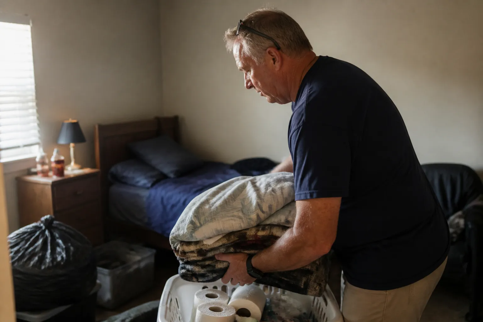 Volunteer places folded bedding and donated household goods for veterans housing in Coeur d’Alene, ID.
